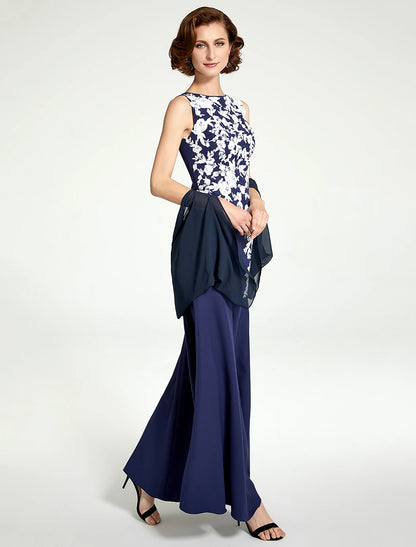 Mermaid / Trumpet Mother of the Bride Dress Jewel Neck Floor Length Chiffon Lace Sleeveless with Lace