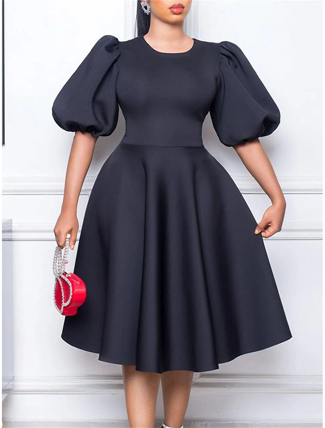 Ruched Crew Neck Short Sleeve Midi Dress Birthday Vacation Black Party Dress Cocktail DressWhite Summer Spring