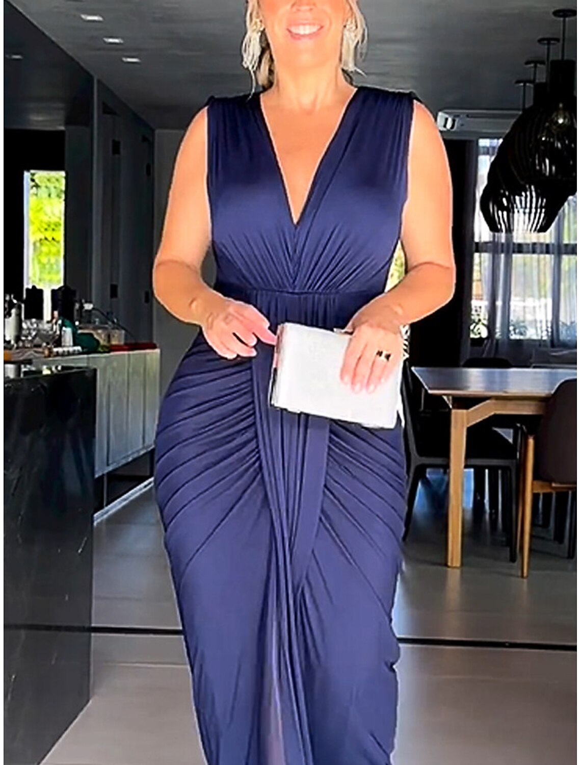 Ruched V Neck Sleeveless Navy Blue Dress Prom Dress Party Dress Spring Winter