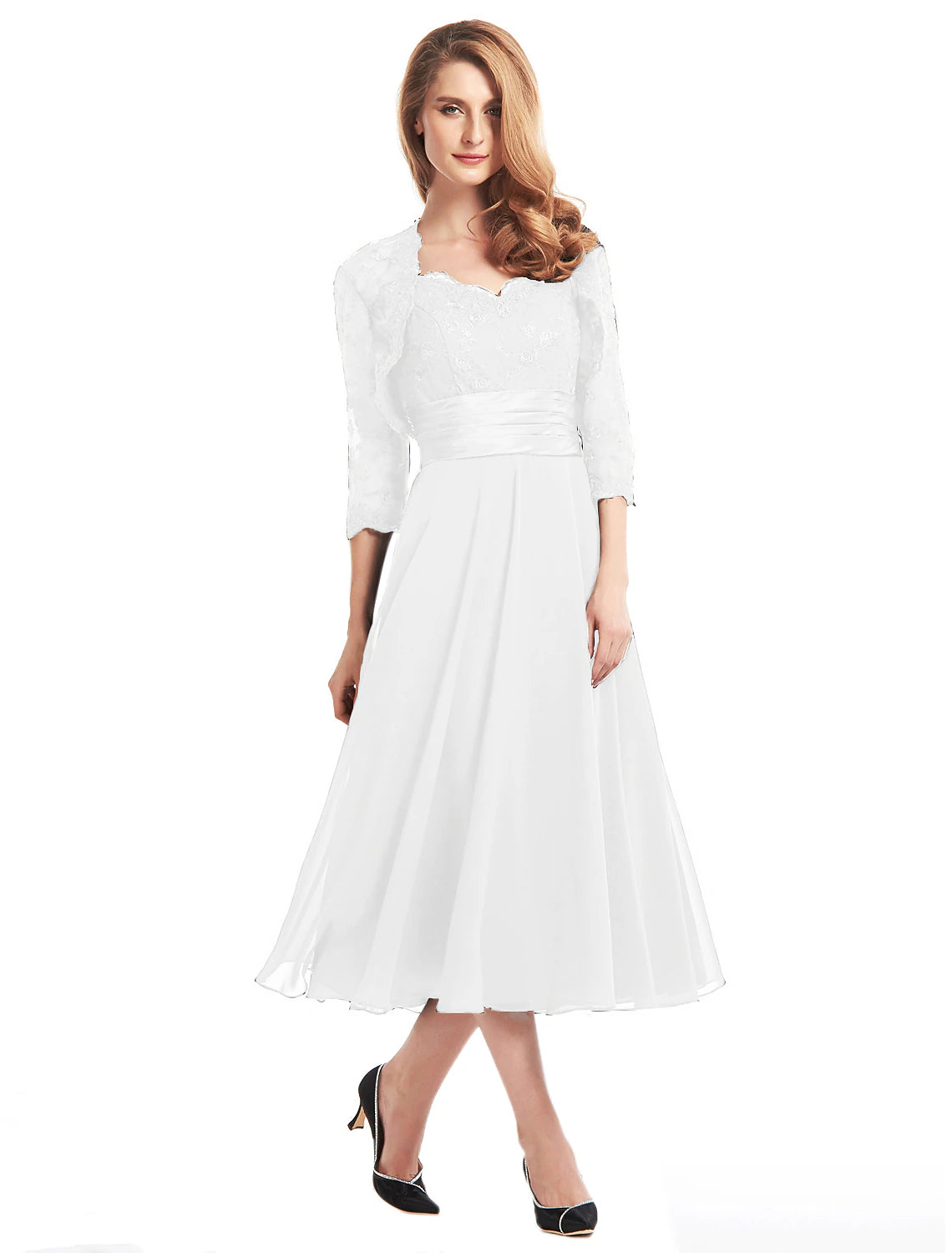 A-Line Mother of the Bride Dress Convertible Dress V Neck Tea Length Chiffon Corded Lace Sleeveless with Lace Pleats Appliques