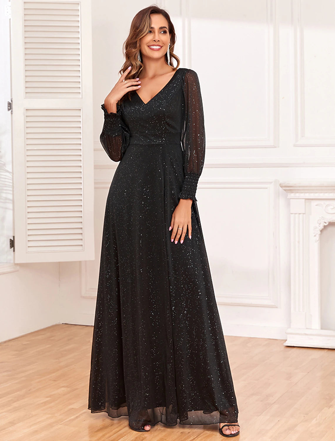A-Line Evening Gown Empire Dress Party Wear Floor Length Long Sleeve V –  Koutun Dress