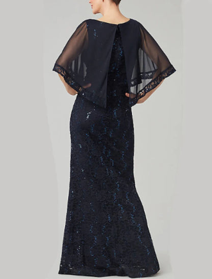 Sheath / Column Mother of the Bride Dress Wedding Guest Elegant & Luxurious Jewel Neck Floor Length Chiffon Half Sleeve with Lace Beading Embroidery Fall