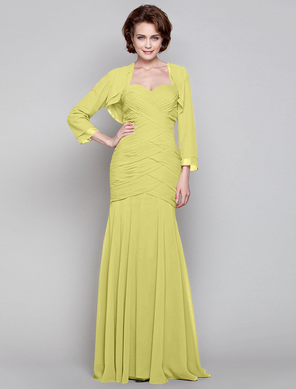 Mermaid / Trumpet Mother of the Bride Dress Two Piece Sweetheart Floor Length Chiffon Long Sleeve with Criss Cross