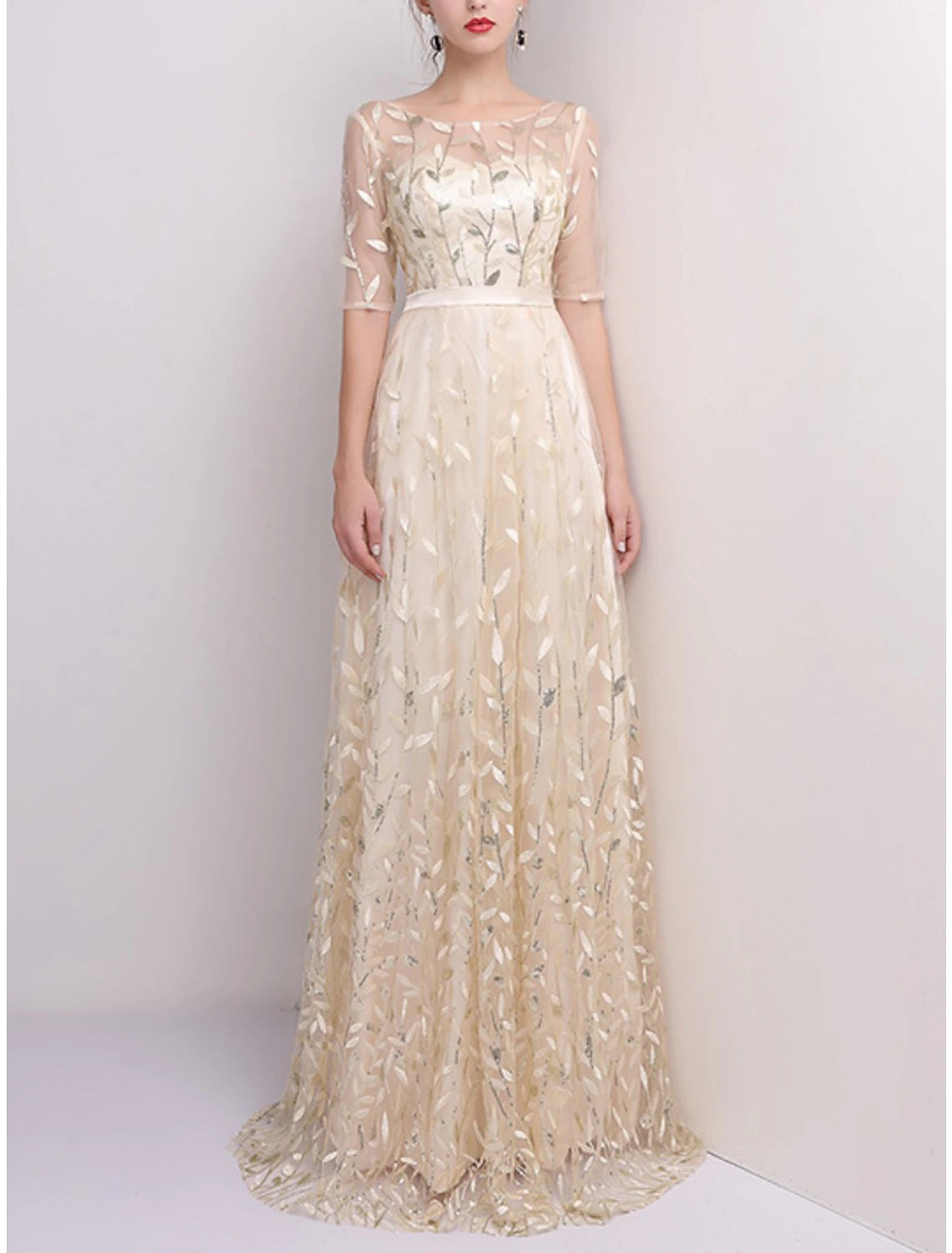 Sheath / Column Mother of the Bride Dress Wedding Guest Party Sparkle & Shine Petite Scoop Neck Sweep / Brush Train Tulle Half Sleeve with Sequin Fall