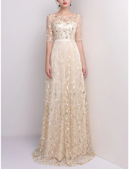 Sheath / Column Mother of the Bride Dress Wedding Guest Party Sparkle & Shine Petite Scoop Neck Sweep / Brush Train Tulle Half Sleeve with Sequin Fall