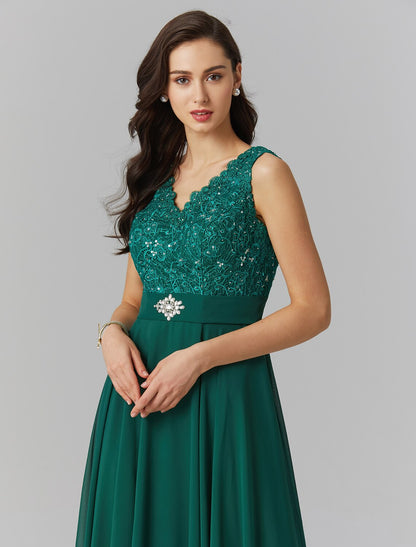 A-Line Elegant Dress Wedding Guest Floor Length Sleeveless V Neck Chiffon V Back with Sash / Ribbon Beading