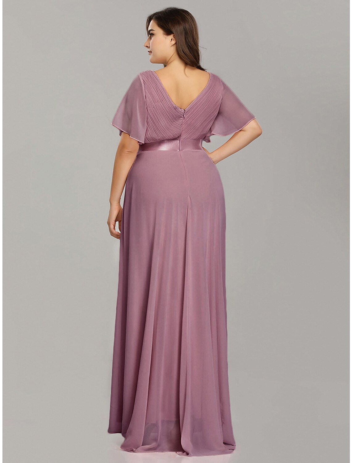 A-Line Empire Fall Wedding Guest Dress For Bridesmaid Plus Size Formal Evening Dress V Neck Short Sleeve Floor Length Chiffon with Pleats Ruched