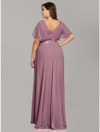 A-Line Empire Fall Wedding Guest Dress For Bridesmaid Plus Size Formal Evening Dress V Neck Short Sleeve Floor Length Chiffon with Pleats Ruched