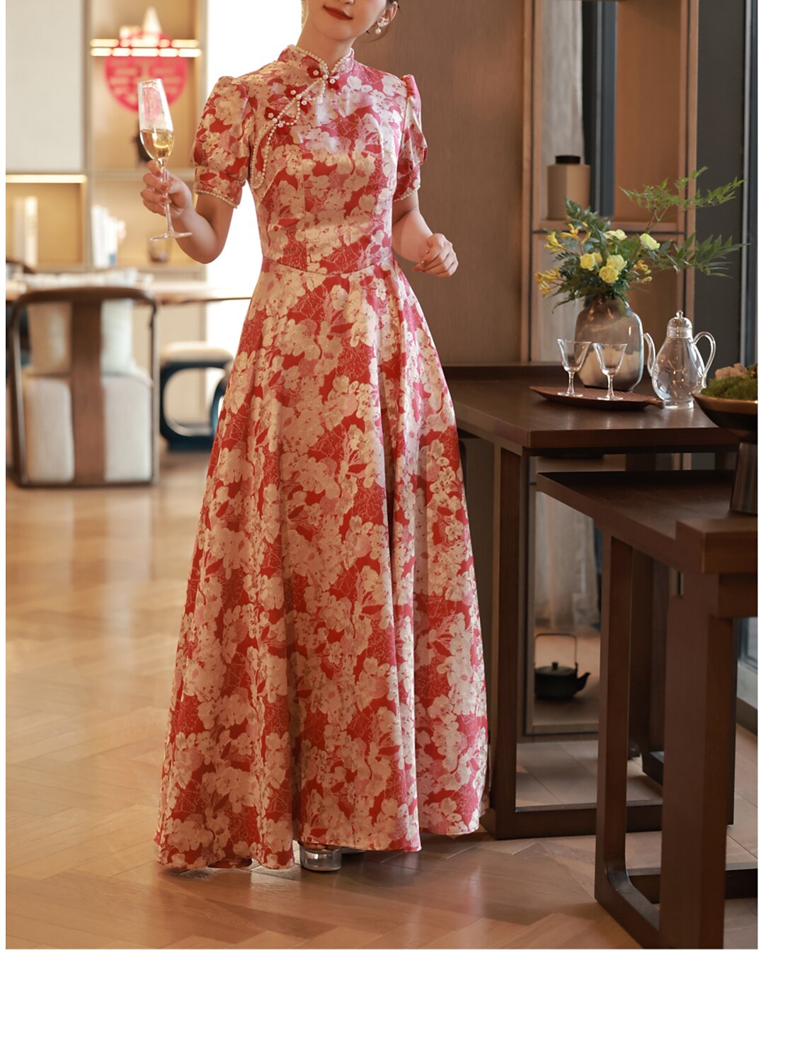 A-Line Evening Gown Elegant Dress Engagement Floor Length Half Sleeve Stand Collar Satin with Pearls Strappy