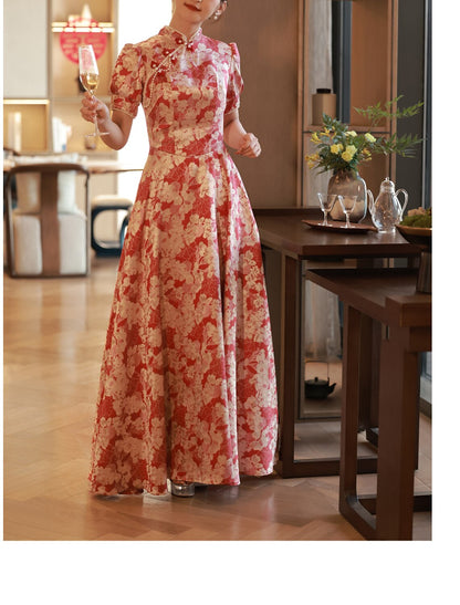 A-Line Evening Gown Elegant Dress Engagement Floor Length Half Sleeve Stand Collar Satin with Pearls Strappy