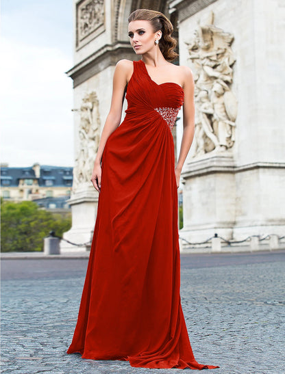 Sheath / Column Classic & Timeless Dress Formal Evening Military Ball Floor Length Sleeveless One Shoulder Bridesmaid Dress Chiffon with Beading Split Front