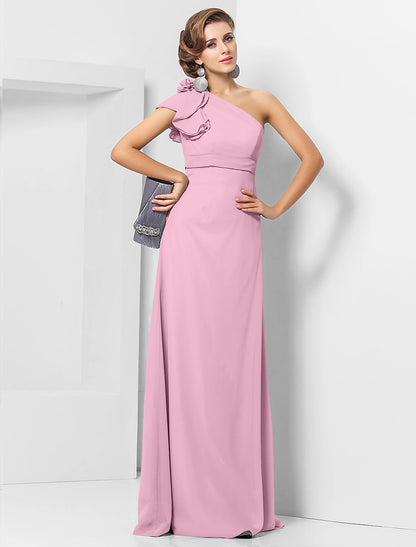 Sheath / Column Elegant Dress Wedding Guest Formal Evening Floor Length Sleeveless One Shoulder Bridesmaid Dress Chiffon with Sash / Ribbon Appliques