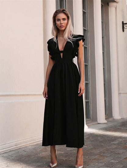 A-Line Princess Cute Wedding Guest Prom Dress V Neck Sleeveless Tea Length Stretch Fabric with Ruffles Pure Color