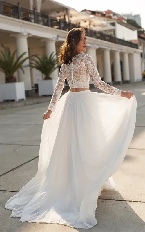 Two Piece Sexy V-neck Bridal Gown Chiffon Sweep Train Lace Long Sleeve Zipper
