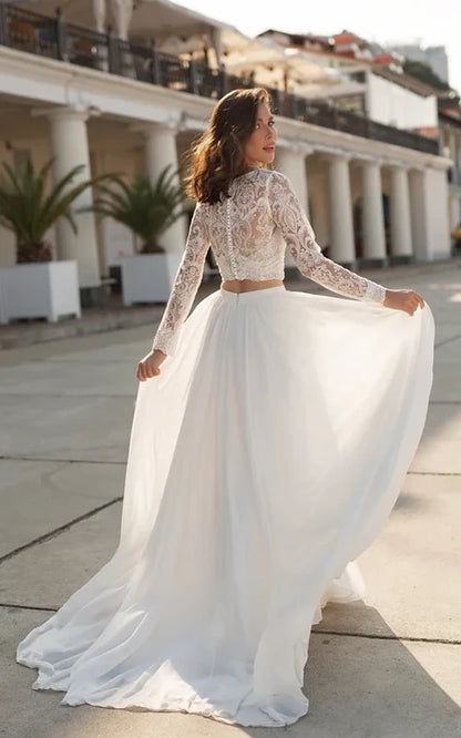 Two Piece Sexy V-neck Bridal Gown Chiffon Sweep Train Lace Long Sleeve Zipper
