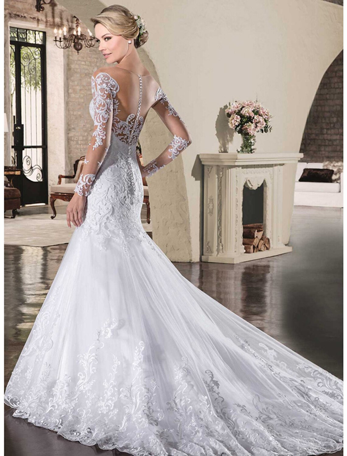 Engagement Open Back Formal Fall Wedding Dresses Mermaid / Trumpet Illusion Neck Long Sleeve Court Train Lace Bridal Gowns With Appliques Summer Wedding Party
