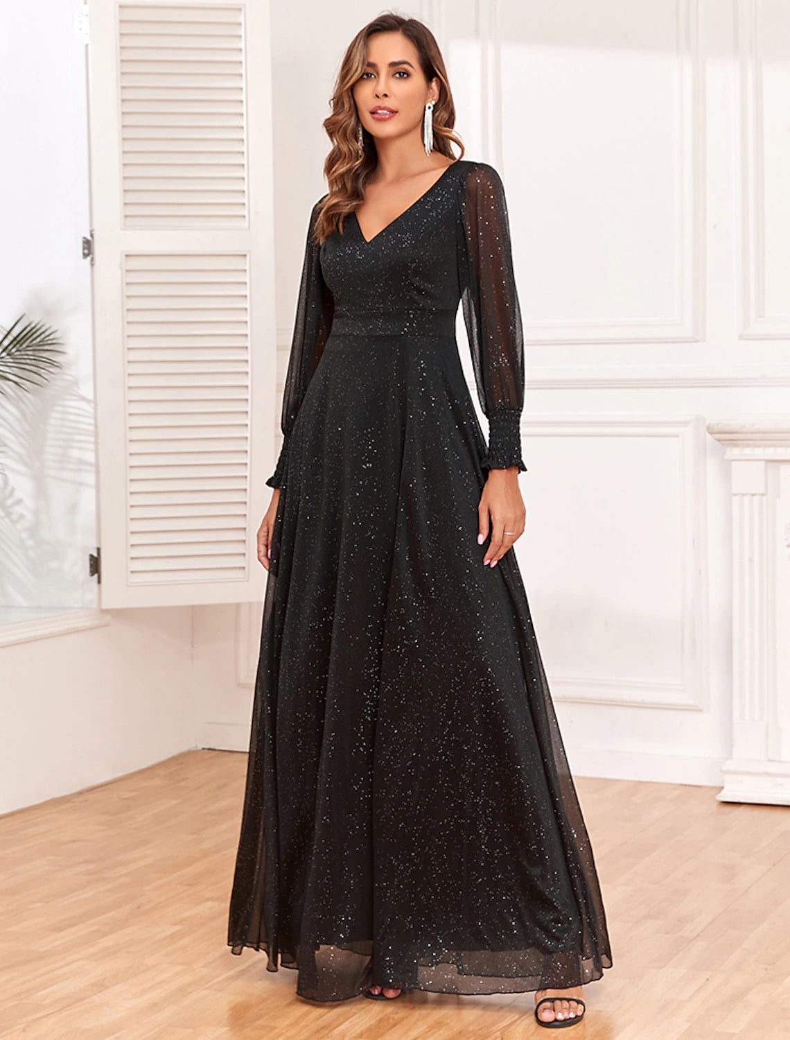 empire line evening dress A-Line Evening Gown Empire Dress Party Wear Floor Length Long Sleeve V – Koutun Dress