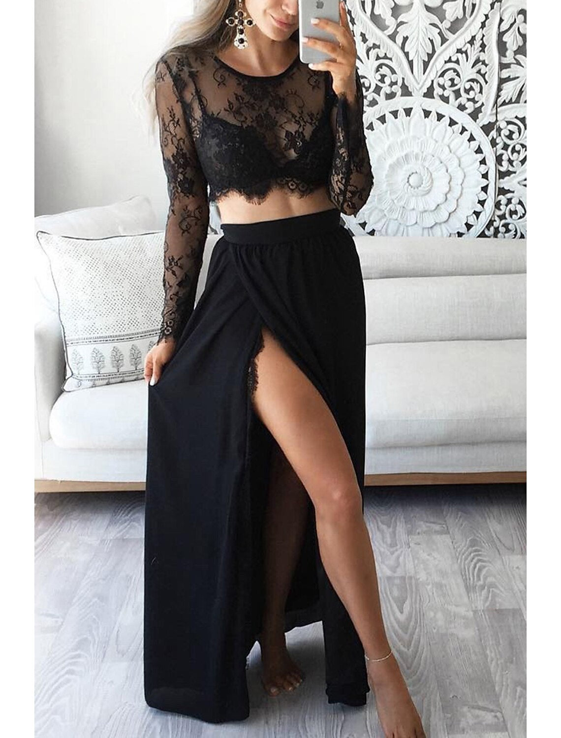 Two Piece A-Line Prom Dresses High Split Dress Formal Floor Length Long Sleeve Jewel Neck Chiffon with Slit