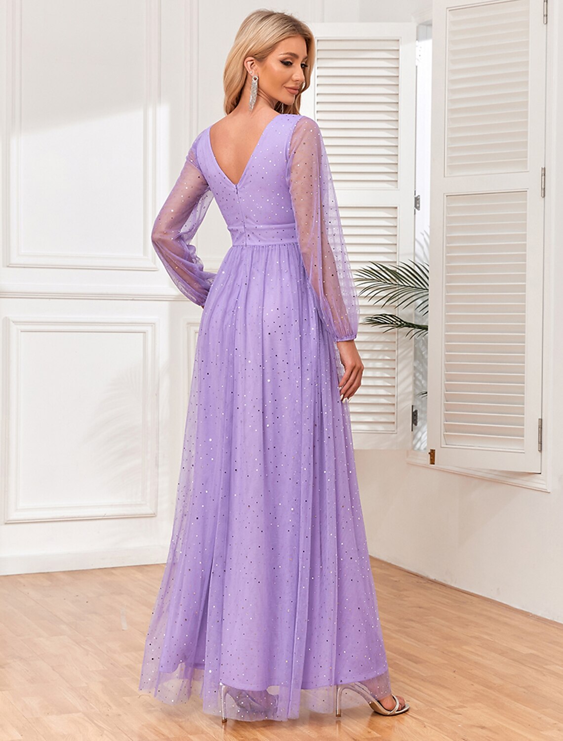 A-Line Evening Gown Empire Dress Wedding Evening Party Floor Length Sleeveless V Neck Tulle V Back with Glitter