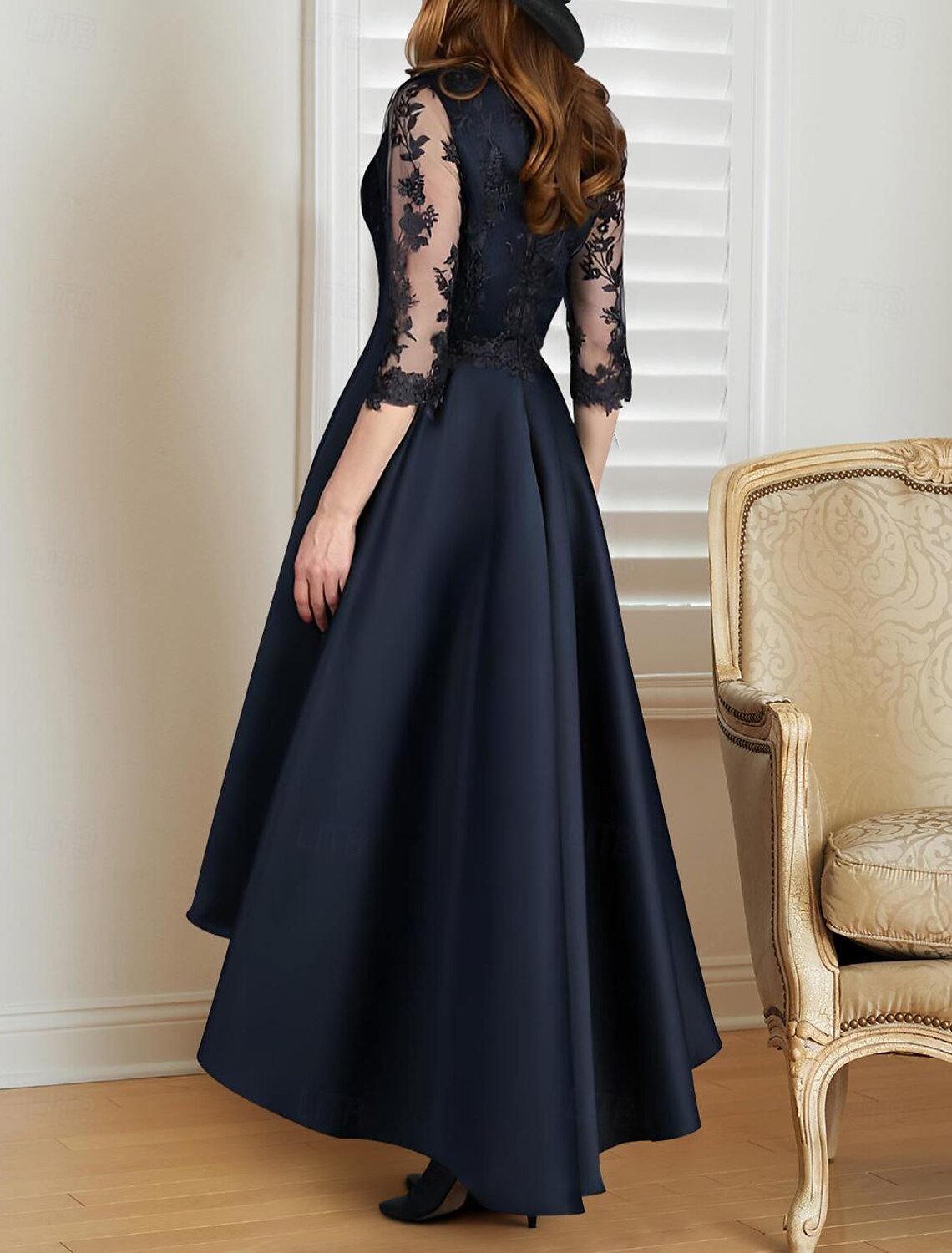 A-Line Mother of the Bride Dress Formal Wedding Guest Elegant Scoop Neck V Neck Asymmetrical Lace Italy Satin 3/4 Length Sleeve with Lace Pleats Embroidery