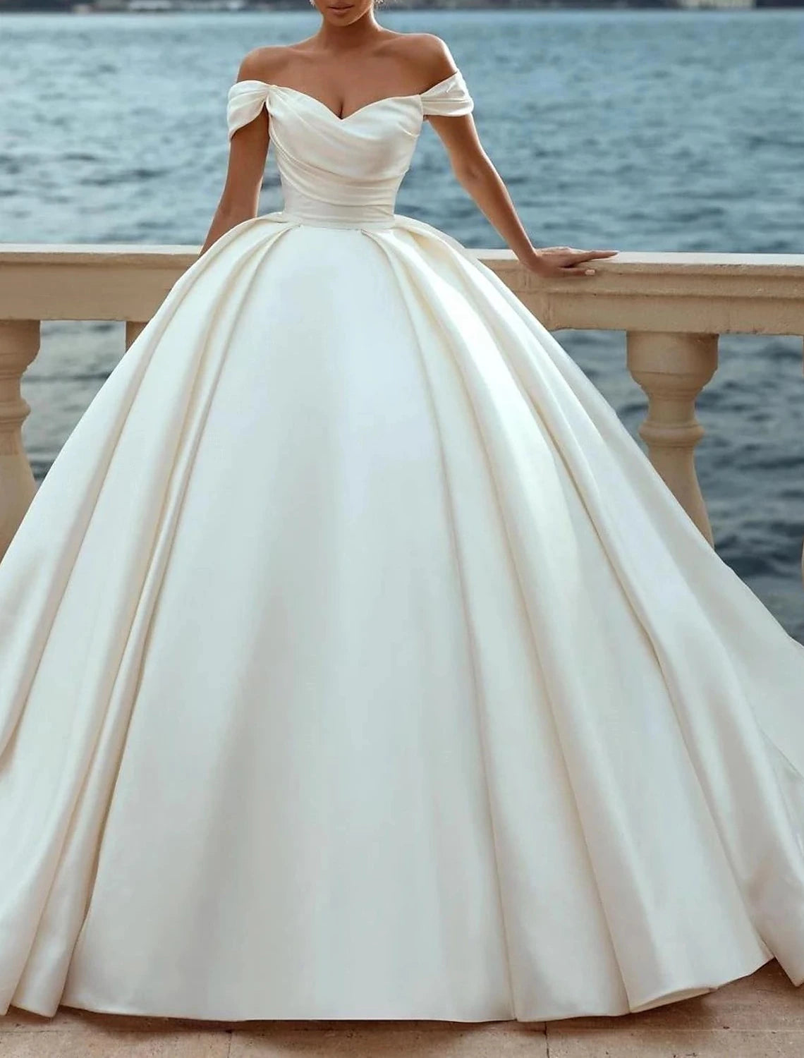 Engagement Formal Wedding Dresses Ball Gown Off Shoulder Cap Sleeve Court Train Satin Church Bridal Gowns With Ruched Solid Color Summer Fall Wedding Partyr Summer Fall Wedding Party