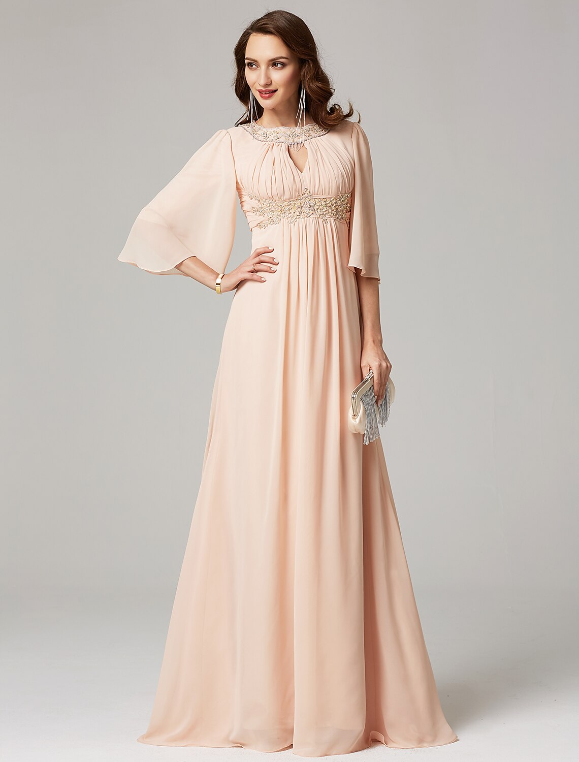A-Line Special Occasion Dresses Elegant Dress Wedding Guest Sweep / Brush Train Half Sleeve Jewel Neck Chiffon with Beading Draping