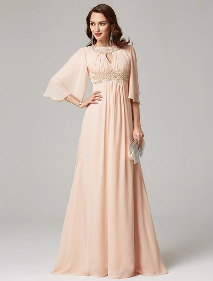 A-Line Special Occasion Dresses Elegant Dress Wedding Guest Sweep / Brush Train Half Sleeve Jewel Neck Chiffon with Beading Draping