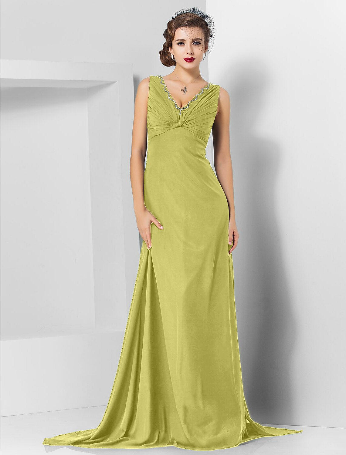 Sheath / Column Elegant Engagement Formal Evening Dress V Neck Sleeveless Sweep / Brush Train Chiffon with Crystals Draping