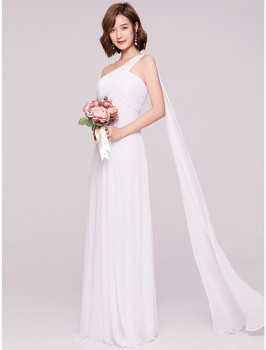 A-Line Evening Gown Empire Dress Formal Evening Floor Length Sleeveless One Shoulder Bridesmaid Dress Chiffon Backless with Pleats Draping