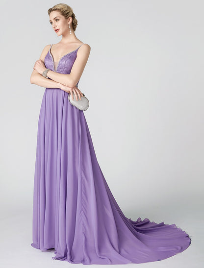 Ball Gown Beaded & Sequin Holiday Cocktail Party Formal Evening Dress Plunging Neck Sleeveless Court Train Chiffon Metallic Lace with Sash / Ribbon Pleats Beading