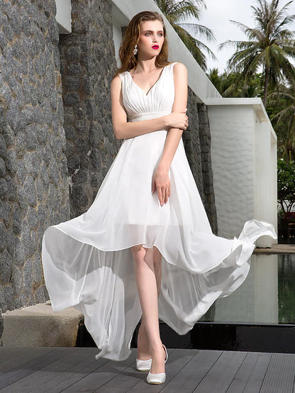 Close-up of the V-neckline and regular straps on the georgette wedding gown.