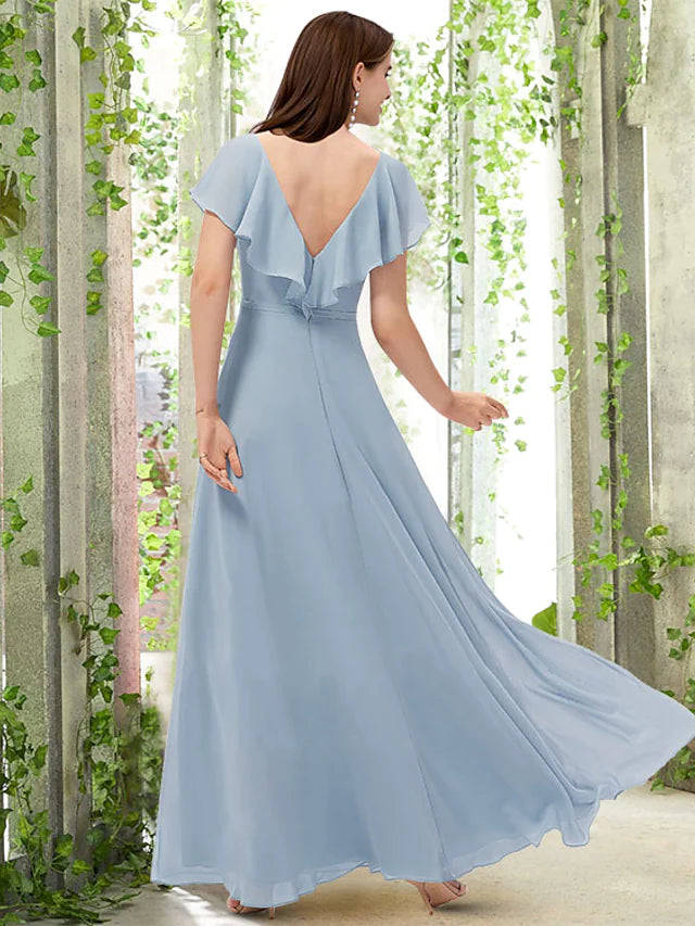 Back view of the A-Line V-neck short sleeve bridesmaid dress.