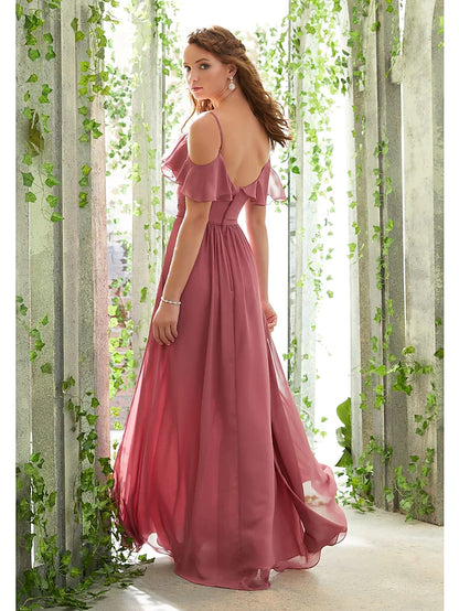 Close-up of the A-Line chiffon bridesmaid dress, highlighting ruffles and ruching.