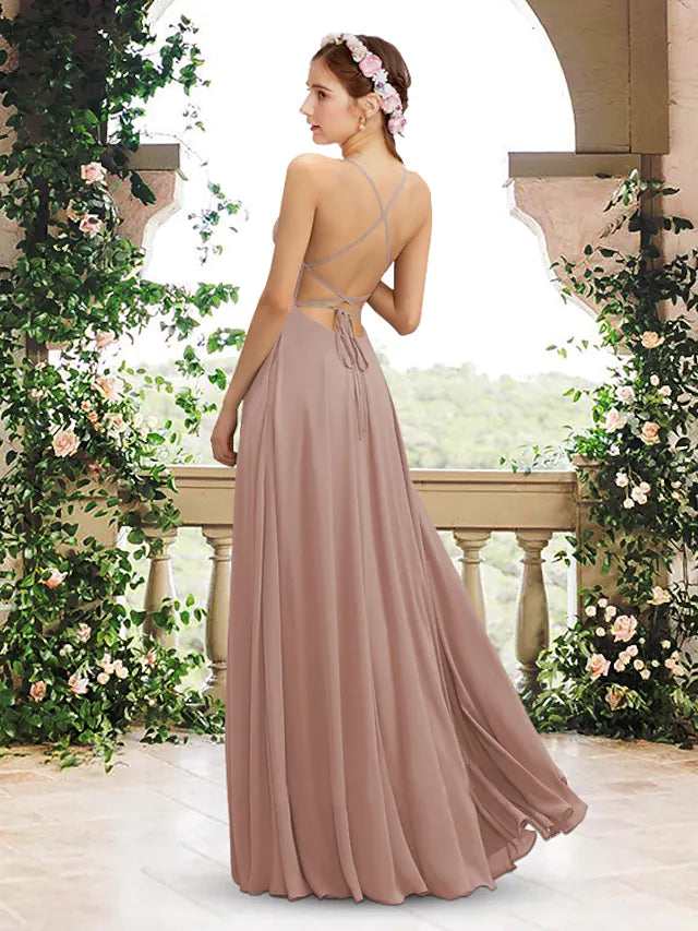 Back view of the A-Line chiffon bridesmaid dress, showing spaghetti straps.