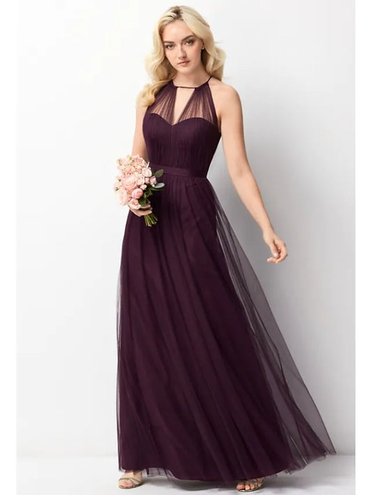 Model wearing an elegant A-Line halter neck sleeveless bridesmaid dress.