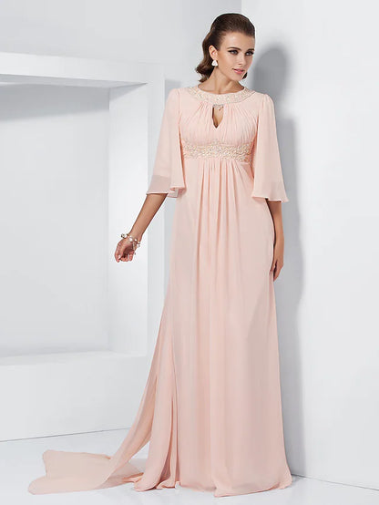 Elegant A-line chiffon dress with jewel neck and half sleeves, featuring beading and draping.