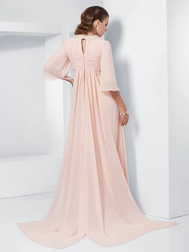 A-line special occasion dress with jewel neck, half sleeves, and sweep train.