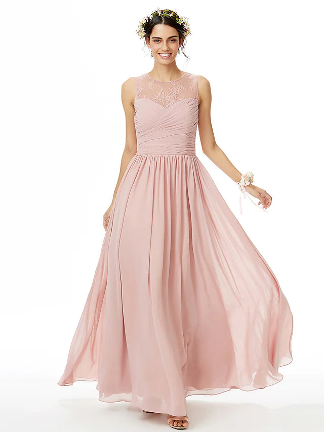 Side view of an A-line jewel neck floor-length lace and chiffon bridesmaid dress, showing the pleated skirt.