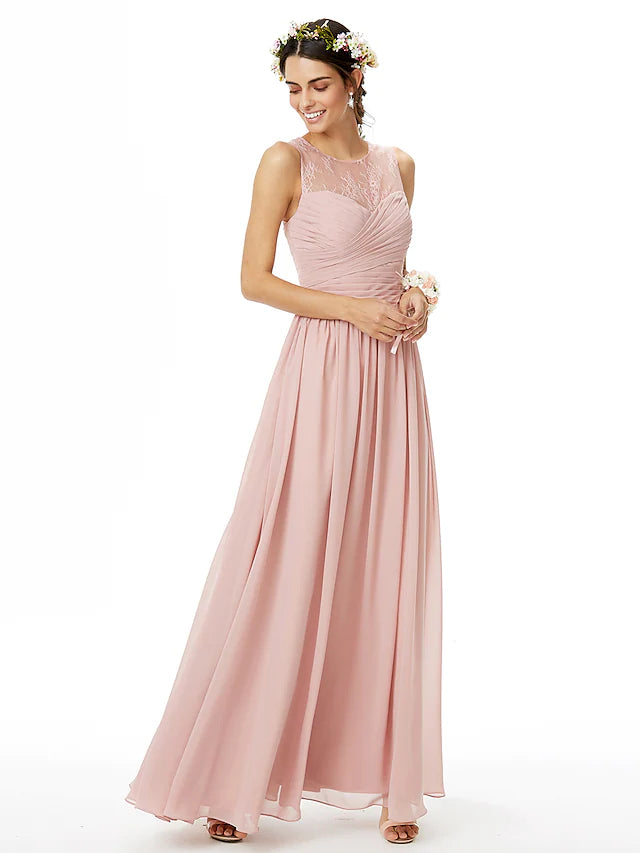 Back view of an A-line jewel neck floor-length lace and chiffon bridesmaid dress, highlighting criss-cross detail.