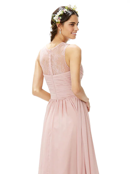 Close-up of the bodice and jewel neck of an A-line lace and chiffon bridesmaid dress.