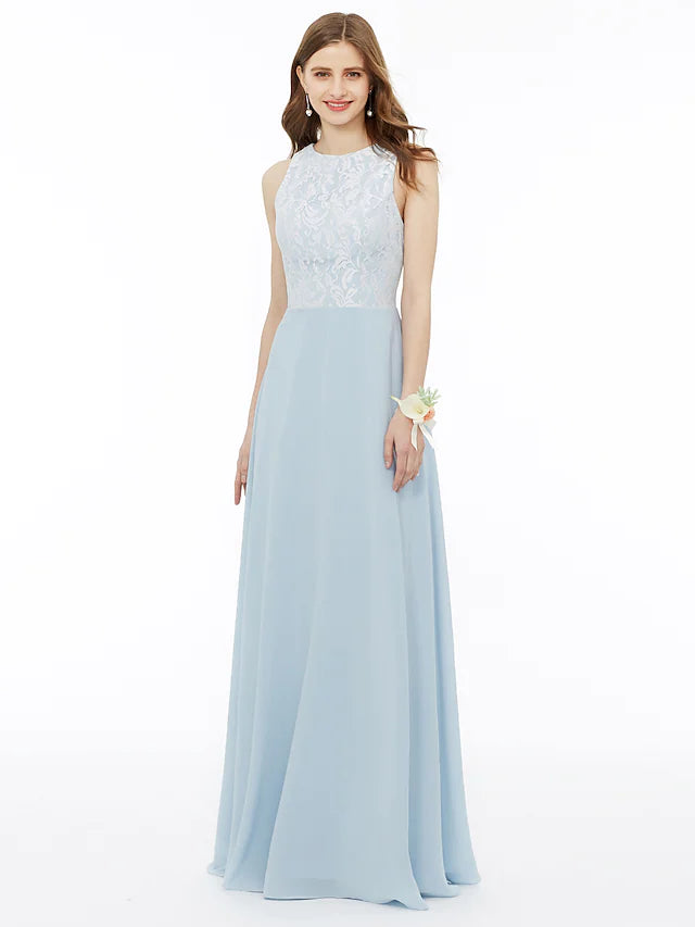 A-Line chiffon bridesmaid dress with jewel neck and metallic lace.