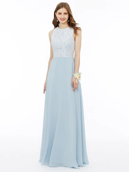 A-Line chiffon bridesmaid dress with jewel neck and metallic lace.