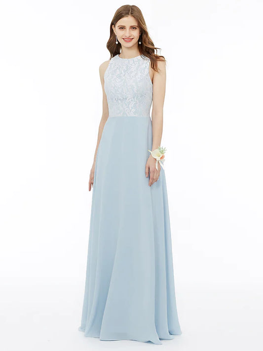 A-Line chiffon bridesmaid dress with jewel neck and metallic lace.