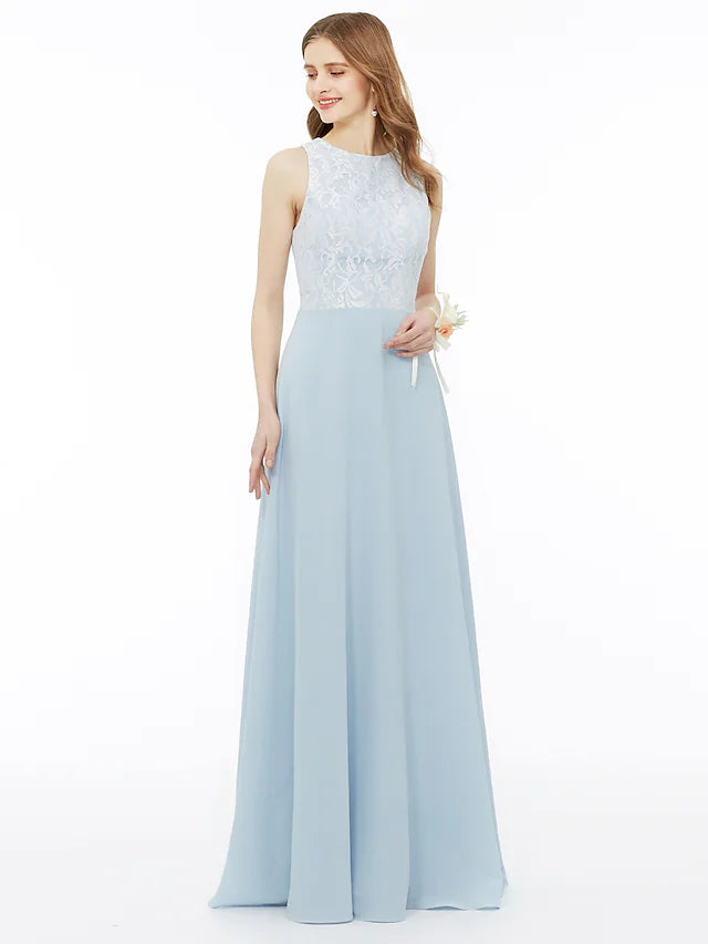 Side view of a sleeveless A-Line bridesmaid dress with draping.