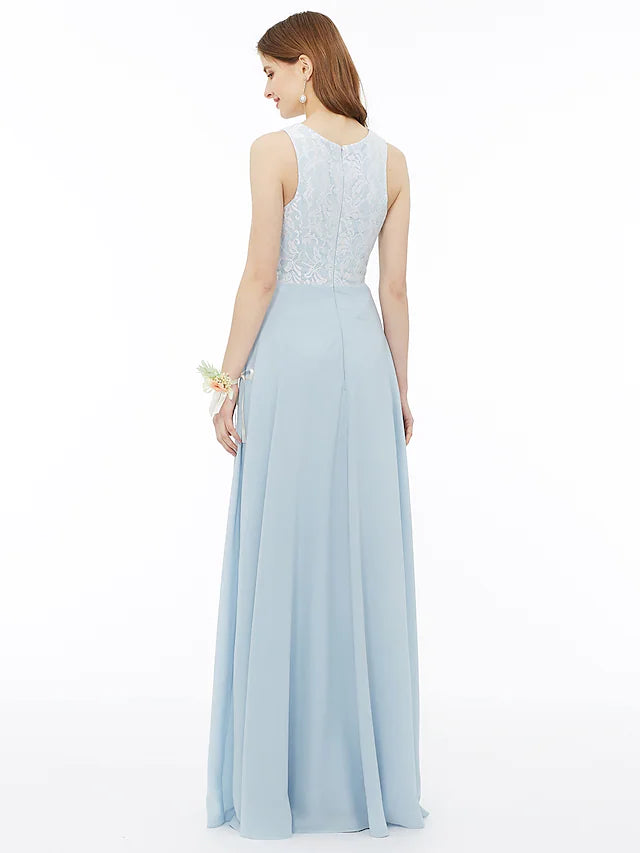 Back view of the floor-length chiffon bridesmaid gown.