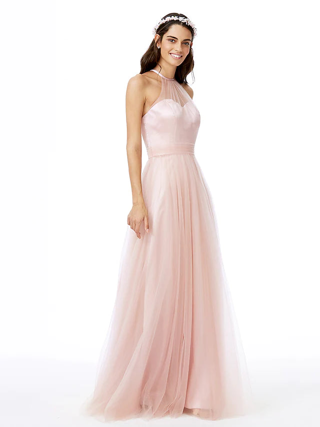 Side view of an A-line sleeveless bridesmaid dress with a sash and flowing tulle skirt.