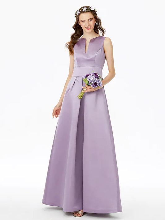 A-Line satin bridesmaid dress with notched neckline and pleats.
