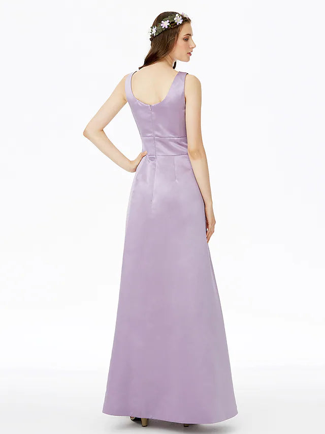 Back view of an A-Line satin bridesmaid dress, showing the elegant floor-length design.