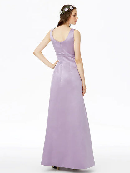 Back view of an A-Line satin bridesmaid dress, showing the elegant floor-length design.