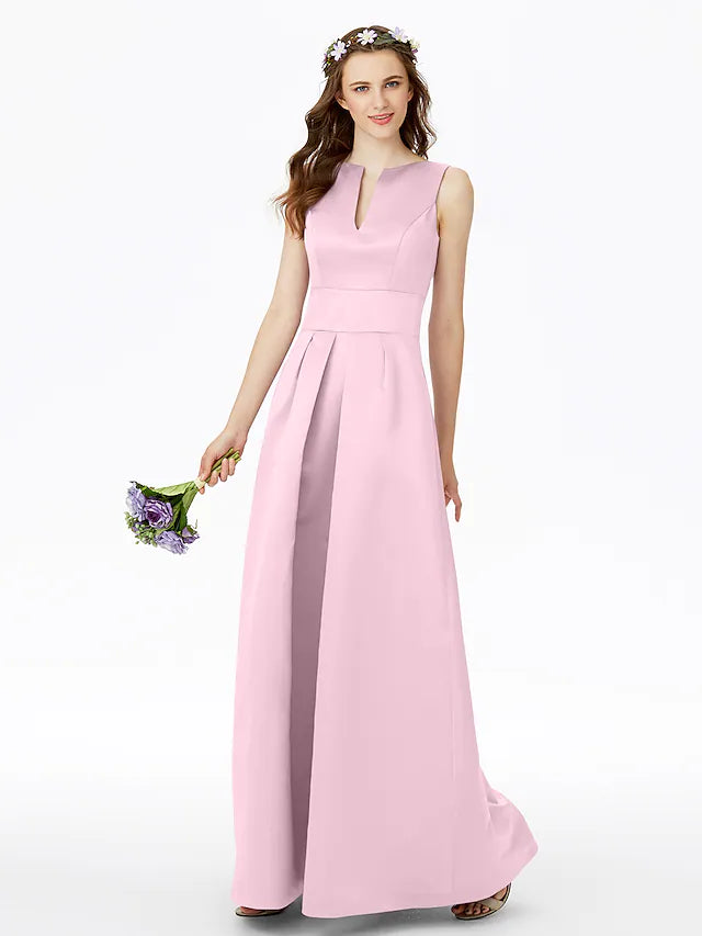 Front view of a model wearing the notched sleeveless A-Line satin bridesmaid dress.